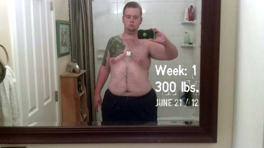 A photo of a 6'1" man showing a weight reduction from 305 pounds to 225 pounds. A total loss of 80 pounds.