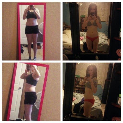A picture of a 5'2" female showing a weight loss from 130 pounds to 113 pounds. A total loss of 17 pounds.