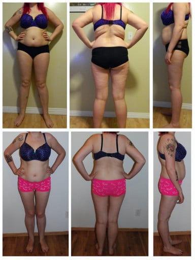 A picture of a 5'5" female showing a weight loss from 180 pounds to 140 pounds. A respectable loss of 40 pounds.