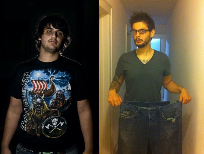 A before and after photo of a 6'1" male showing a weight reduction from 250 pounds to 185 pounds. A net loss of 65 pounds.
