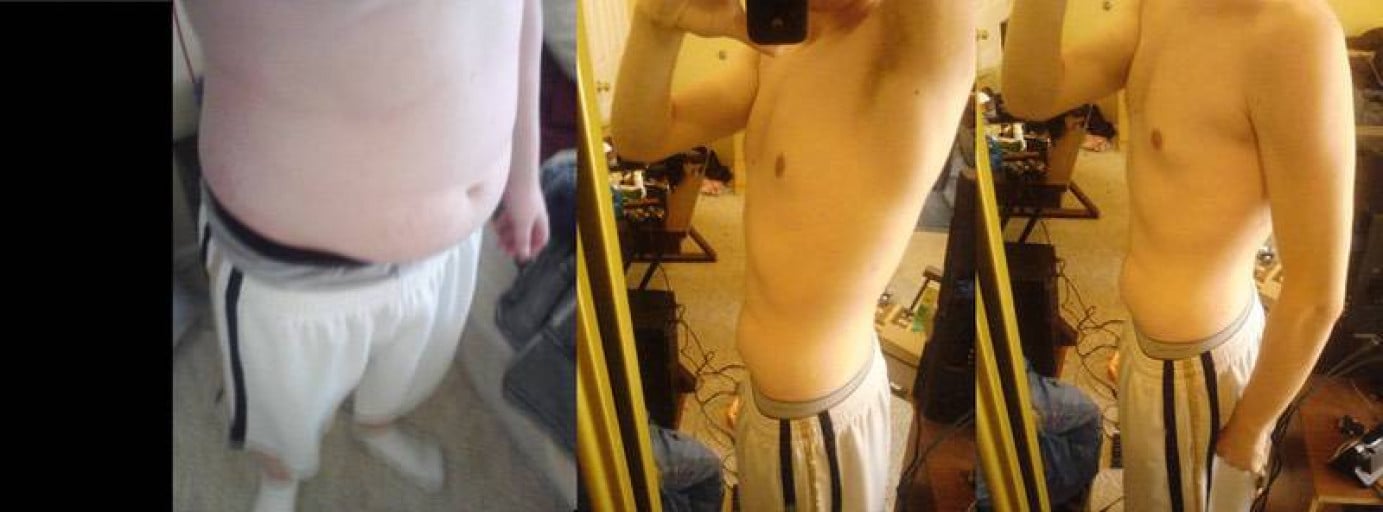 A before and after photo of a 6'2" male showing a weight cut from 250 pounds to 170 pounds. A net loss of 80 pounds.