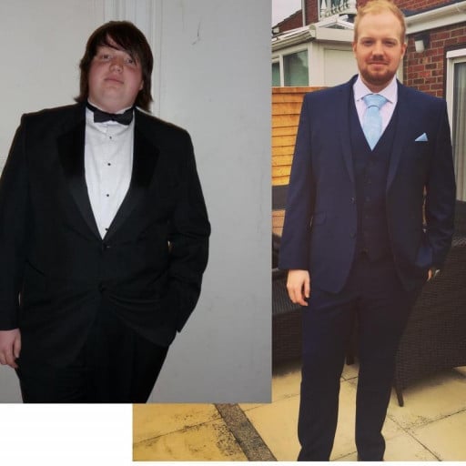 A before and after photo of a 6'0" male showing a weight reduction from 356 pounds to 220 pounds. A total loss of 136 pounds.