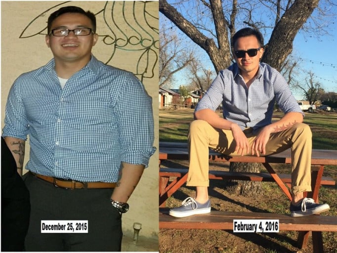 A before and after photo of a 5'0" male showing a weight reduction from 176 pounds to 150 pounds. A total loss of 26 pounds.