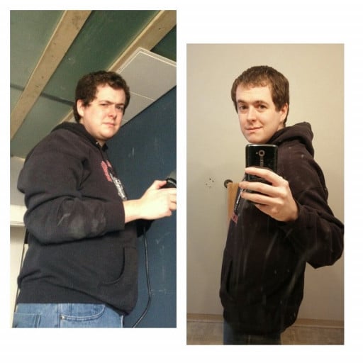 A before and after photo of a 5'11" male showing a weight reduction from 215 pounds to 180 pounds. A respectable loss of 35 pounds.
