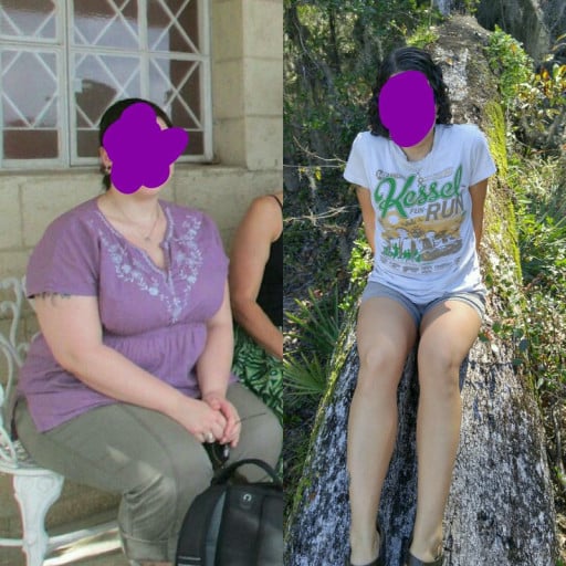 A before and after photo of a 5'3" female showing a weight reduction from 210 pounds to 140 pounds. A respectable loss of 70 pounds.