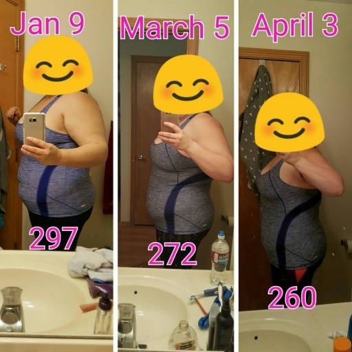 A photo of a 5'8" woman showing a weight cut from 297 pounds to 260 pounds. A total loss of 37 pounds.