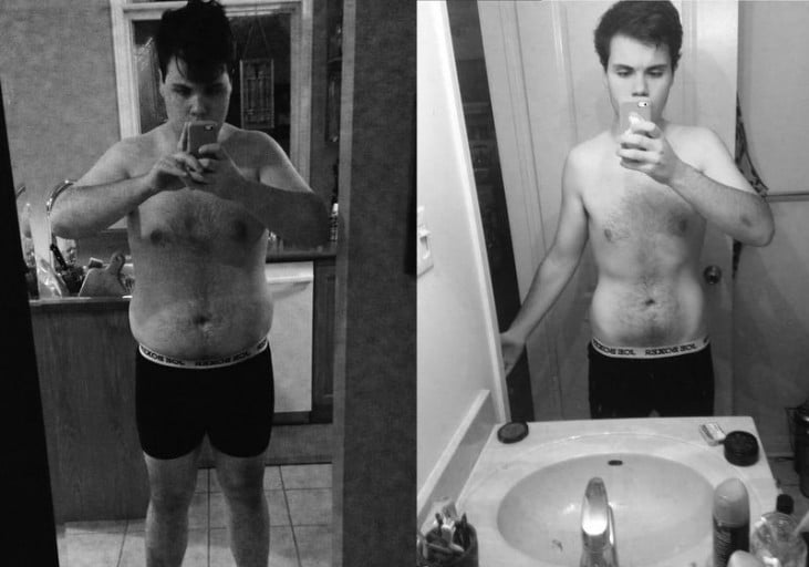 A picture of a 5'9" male showing a weight loss from 220 pounds to 160 pounds. A net loss of 60 pounds.
