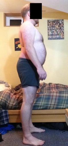 A before and after photo of a 5'9" male showing a snapshot of 225 pounds at a height of 5'9