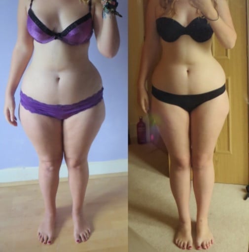 A progress pic of a 5'8" woman showing a fat loss from 207 pounds to 193 pounds. A respectable loss of 14 pounds.