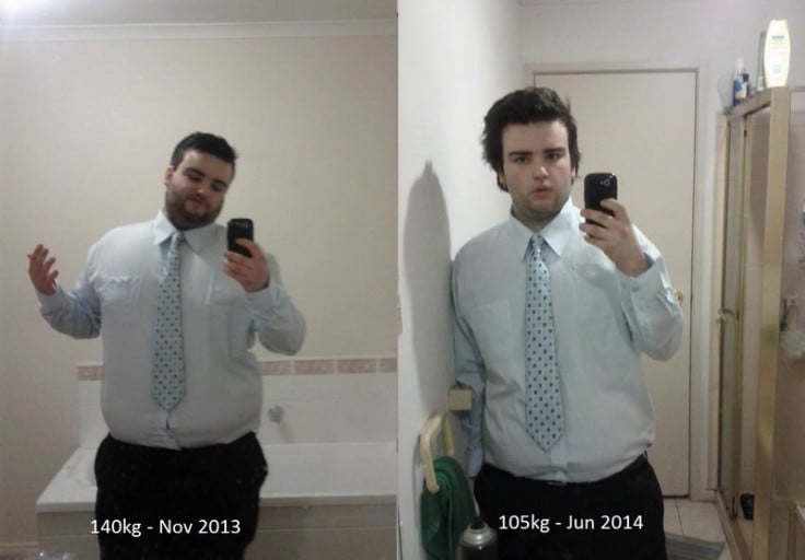 A picture of a 5'11" male showing a weight loss from 310 pounds to 230 pounds. A total loss of 80 pounds.
