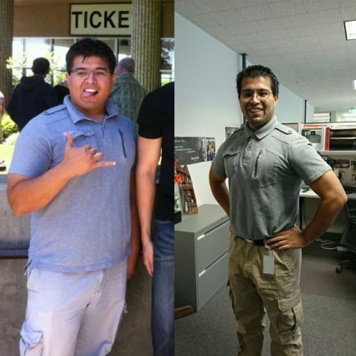 A before and after photo of a 5'9" male showing a weight reduction from 250 pounds to 200 pounds. A net loss of 50 pounds.