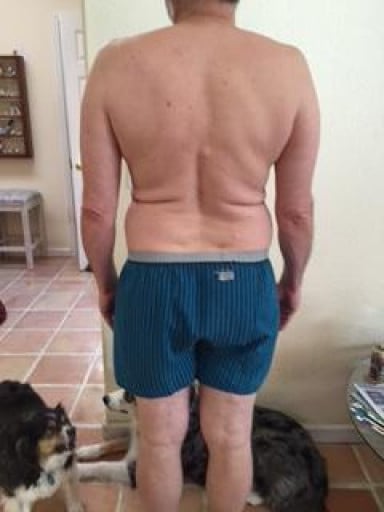 A before and after photo of a 5'7" male showing a snapshot of 195 pounds at a height of 5'7