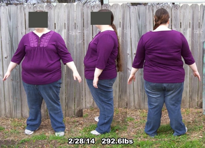 A progress pic of a 5'3" woman showing a weight reduction from 302 pounds to 292 pounds. A total loss of 10 pounds.