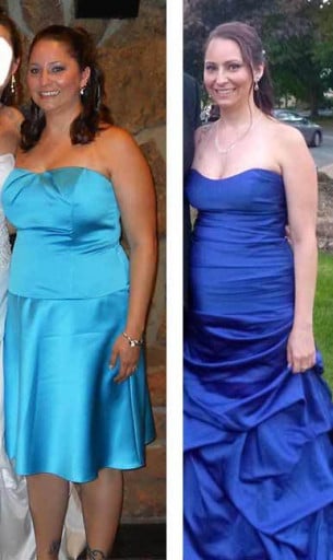 A picture of a 5'3" female showing a weight loss from 167 pounds to 135 pounds. A total loss of 32 pounds.
