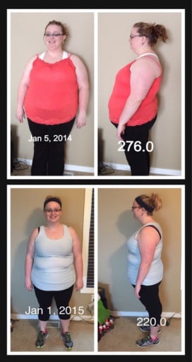 A progress pic of a 5'6" woman showing a fat loss from 276 pounds to 220 pounds. A net loss of 56 pounds.