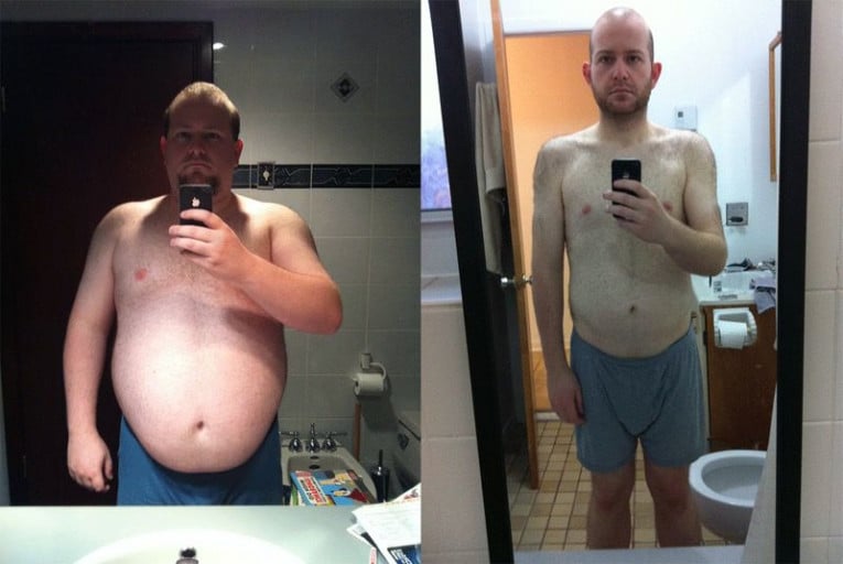 A before and after photo of a 5'8" male showing a weight cut from 280 pounds to 169 pounds. A respectable loss of 111 pounds.
