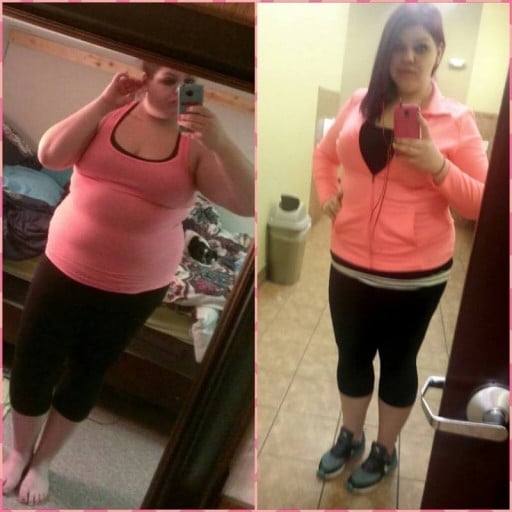 A progress pic of a 5'9" woman showing a fat loss from 299 pounds to 249 pounds. A respectable loss of 50 pounds.