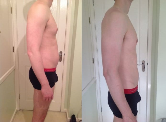 A before and after photo of a 6'1" male showing a snapshot of 182 pounds at a height of 6'1