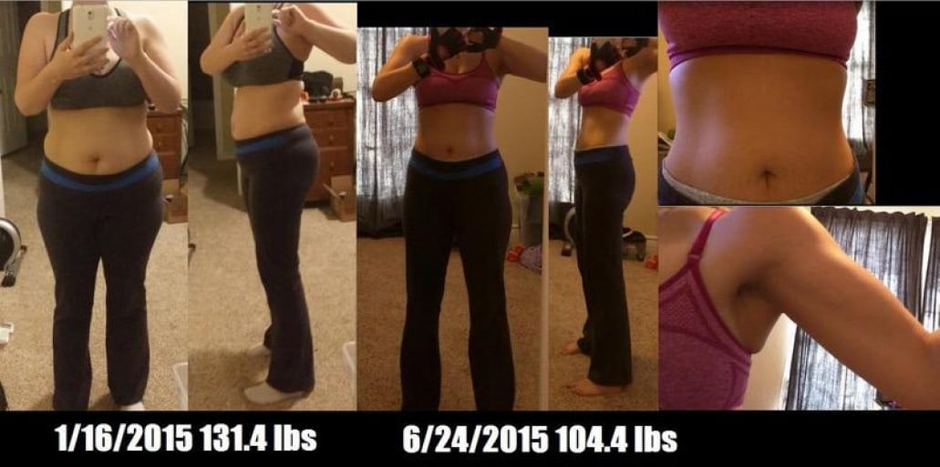 A picture of a 5'0" female showing a weight loss from 131 pounds to 104 pounds. A total loss of 27 pounds.