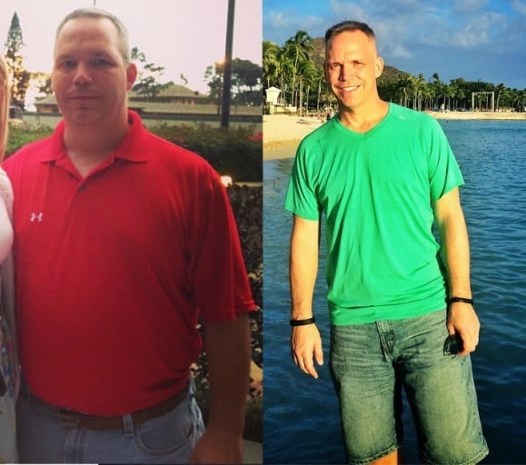 A before and after photo of a 5'11" male showing a weight reduction from 267 pounds to 199 pounds. A net loss of 68 pounds.