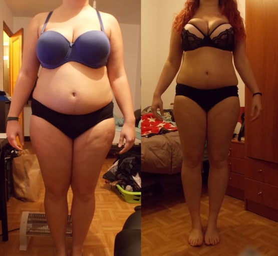 A picture of a 5'7" female showing a weight reduction from 212 pounds to 182 pounds. A respectable loss of 30 pounds.