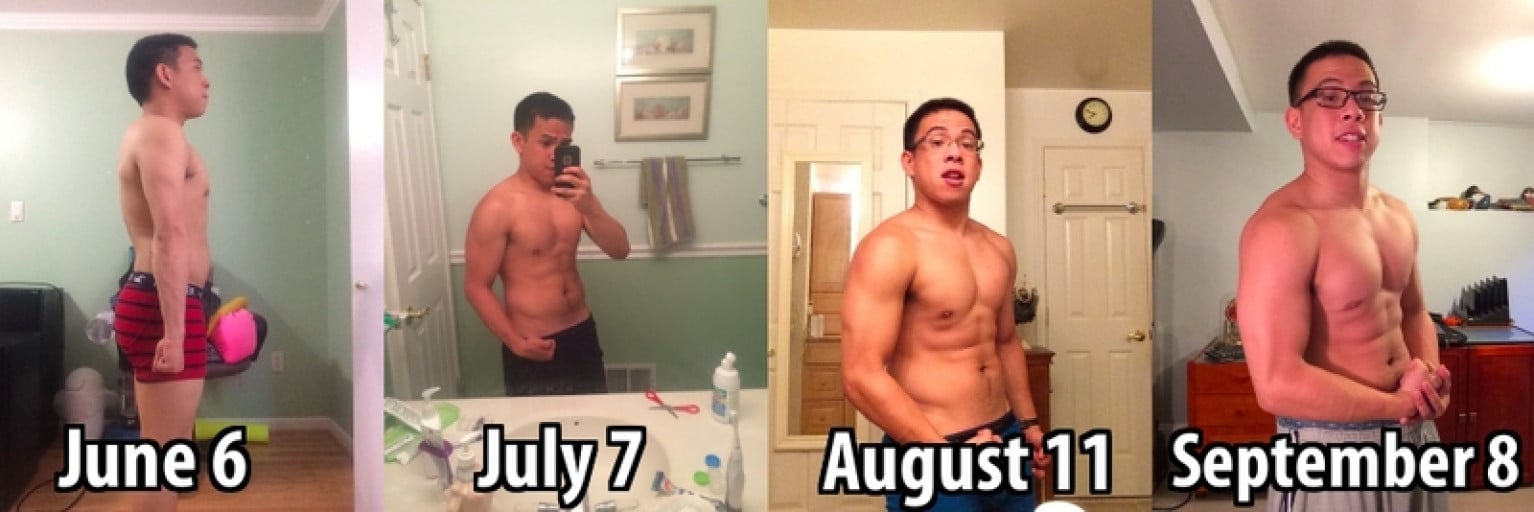 A photo of a 5'5" man showing a fat loss from 156 pounds to 151 pounds. A total loss of 5 pounds.