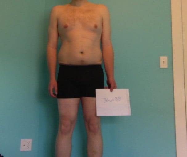 A before and after photo of a 6'5" male showing a snapshot of 248 pounds at a height of 6'5