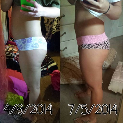 A before and after photo of a 5'2" female showing a weight reduction from 127 pounds to 123 pounds. A net loss of 4 pounds.