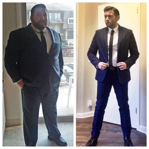 A progress pic of a 5'11" man showing a fat loss from 345 pounds to 180 pounds. A respectable loss of 165 pounds.