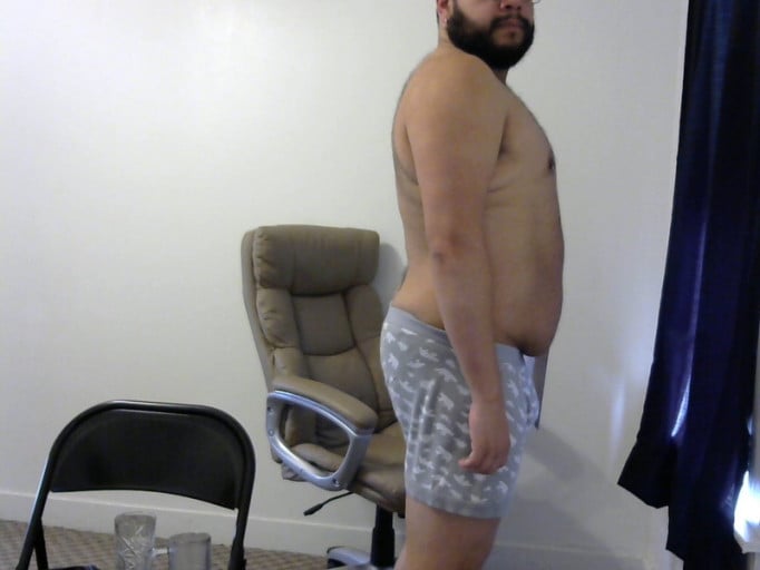A before and after photo of a 5'11" male showing a snapshot of 230 pounds at a height of 5'11