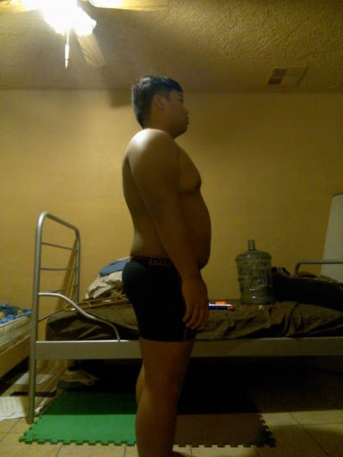 A before and after photo of a 5'6" male showing a snapshot of 230 pounds at a height of 5'6