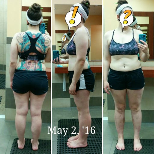 A before and after photo of a 5'7" female showing a weight cut from 185 pounds to 179 pounds. A net loss of 6 pounds.
