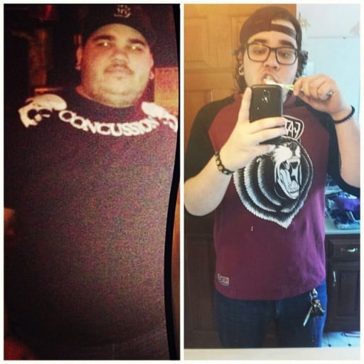 A progress pic of a 6'1" man showing a fat loss from 305 pounds to 227 pounds. A respectable loss of 78 pounds.