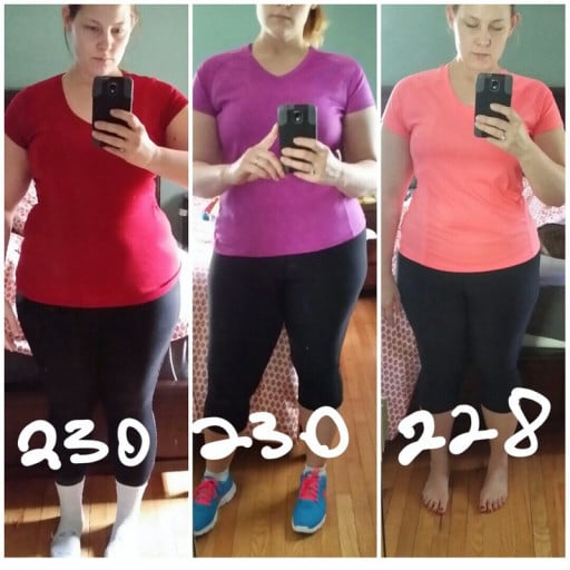 A picture of a 5'10" female showing a weight loss from 230 pounds to 228 pounds. A net loss of 2 pounds.