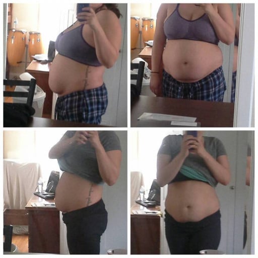 A progress pic of a 5'3" woman showing a fat loss from 201 pounds to 167 pounds. A respectable loss of 34 pounds.