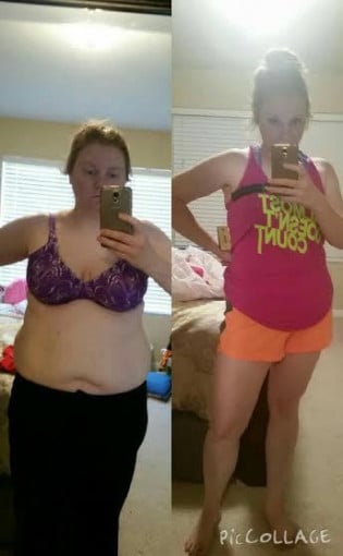A photo of a 5'4" woman showing a weight cut from 194 pounds to 156 pounds. A respectable loss of 38 pounds.