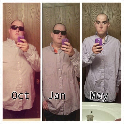A photo of a 5'11" man showing a weight loss from 330 pounds to 220 pounds. A total loss of 110 pounds.