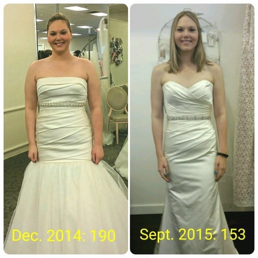 A before and after photo of a 5'8" female showing a weight reduction from 220 pounds to 149 pounds. A net loss of 71 pounds.