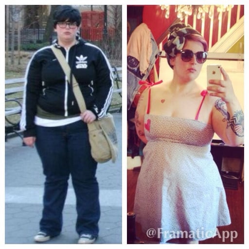 A progress pic of a 5'5" woman showing a weight bulk from 270 pounds to 275 pounds. A net gain of 5 pounds.