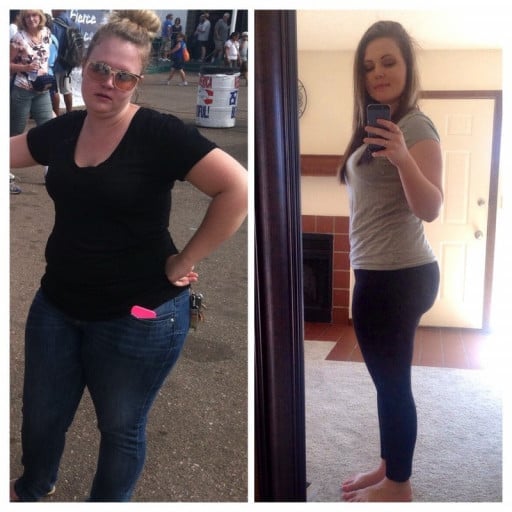 A picture of a 5'3" female showing a weight loss from 180 pounds to 150 pounds. A respectable loss of 30 pounds.