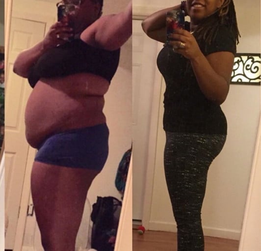 A progress pic of a 5'2" woman showing a fat loss from 215 pounds to 171 pounds. A net loss of 44 pounds.