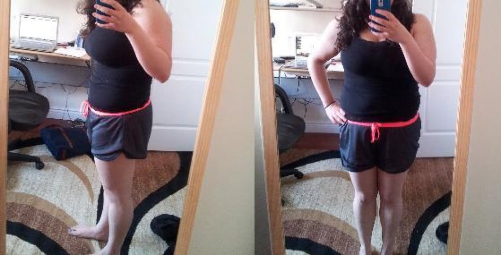 A before and after photo of a 5'4" female showing a weight cut from 224 pounds to 183 pounds. A total loss of 41 pounds.