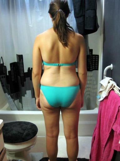 A before and after photo of a 5'8" female showing a snapshot of 157 pounds at a height of 5'8
