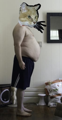 A picture of a 6'1" male showing a fat loss from 305 pounds to 225 pounds. A respectable loss of 80 pounds.