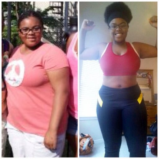 A progress pic of a 5'2" woman showing a weight reduction from 220 pounds to 185 pounds. A total loss of 35 pounds.