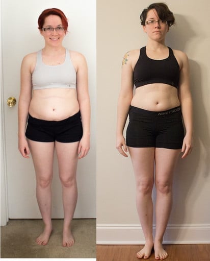 A photo of a 5'1" woman showing a fat loss from 134 pounds to 130 pounds. A respectable loss of 4 pounds.