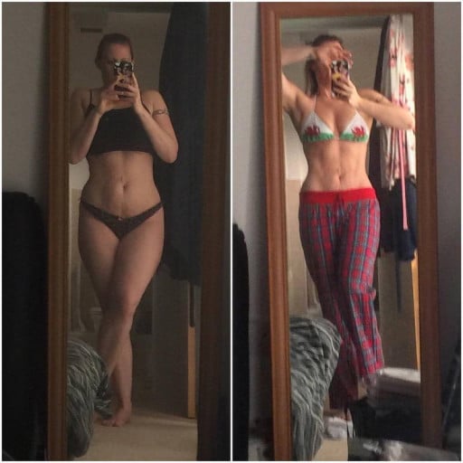 A before and after photo of a 5'8" female showing a weight reduction from 182 pounds to 158 pounds. A net loss of 24 pounds.