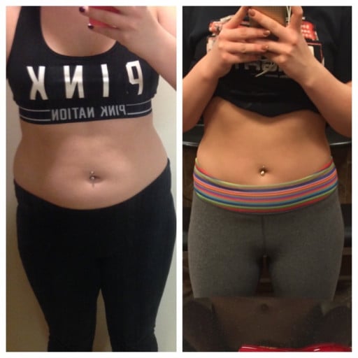 A progress pic of a 5'7" woman showing a fat loss from 196 pounds to 183 pounds. A total loss of 13 pounds.