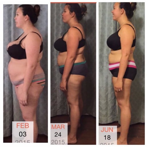 A picture of a 5'8" female showing a weight loss from 227 pounds to 213 pounds. A respectable loss of 14 pounds.