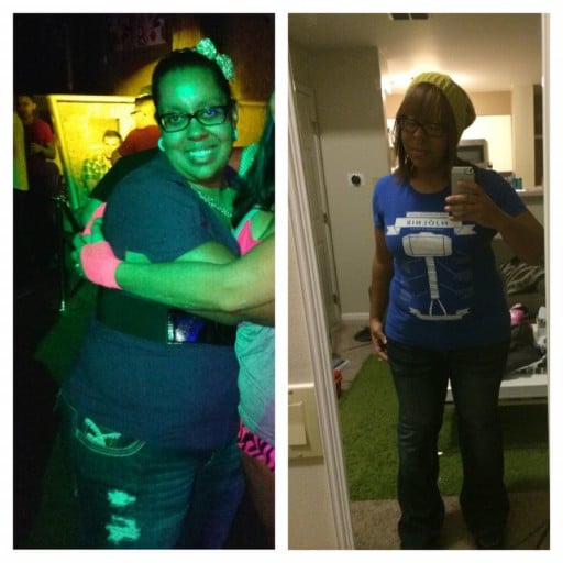 A before and after photo of a 5'4" female showing a weight reduction from 260 pounds to 198 pounds. A net loss of 62 pounds.